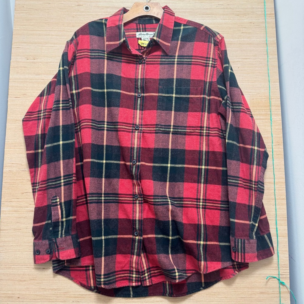 Vintage Eddie Bauer Womens Large Red Black Plaid Flannel‎ Cotton Button Up